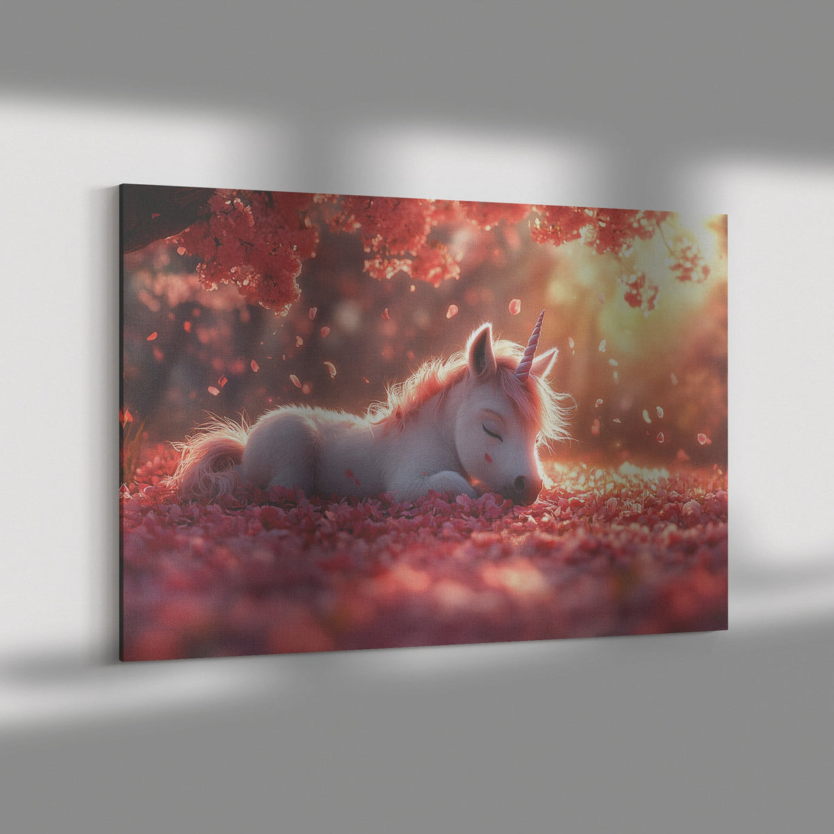 Baby Unicorn Resting Under Glowing Cherry Blossom Tree Surrounded by Pink Petals and Golden Sunlight Canvas Wall Art - Awakening Righteousness