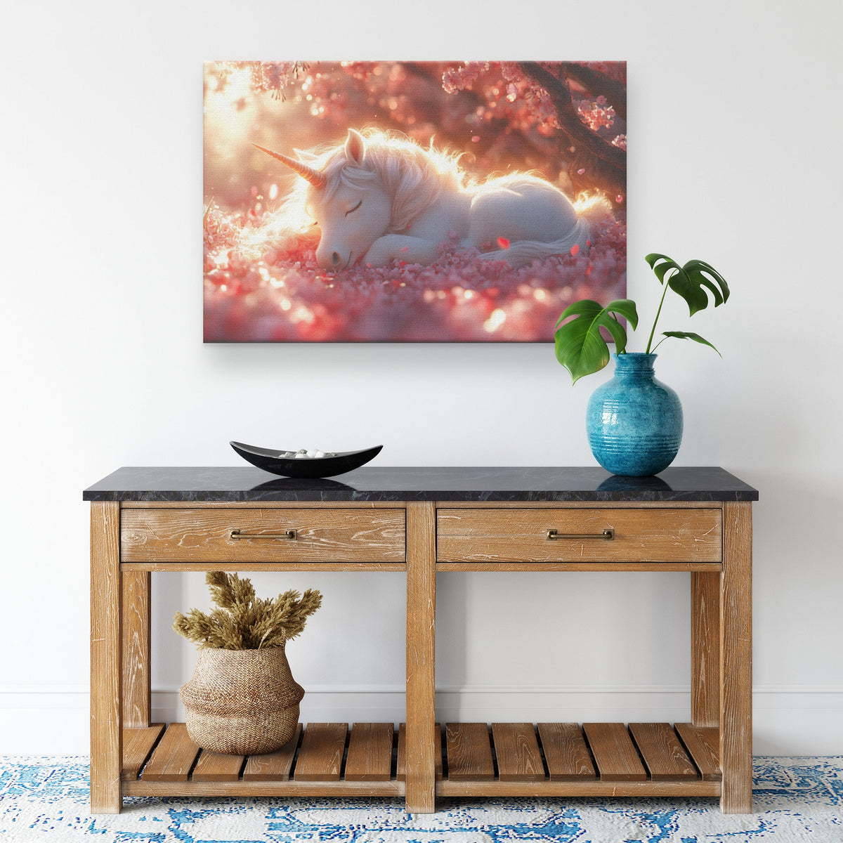 Baby Unicorn Resting Under Glowing Cherry Blossom Tree Surrounded by Pink Petals and Golden Sunlight Canvas Wall Art - Awakening Righteousness