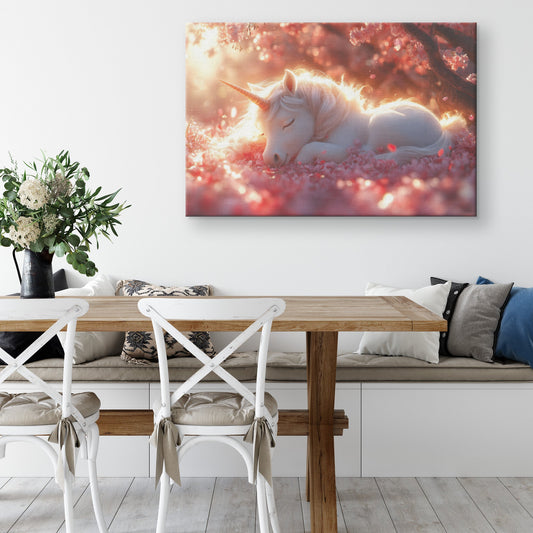 Baby Unicorn Resting Under Glowing Cherry Blossom Tree Surrounded by Pink Petals and Golden Sunlight Canvas Wall Art - Awakening Righteousness