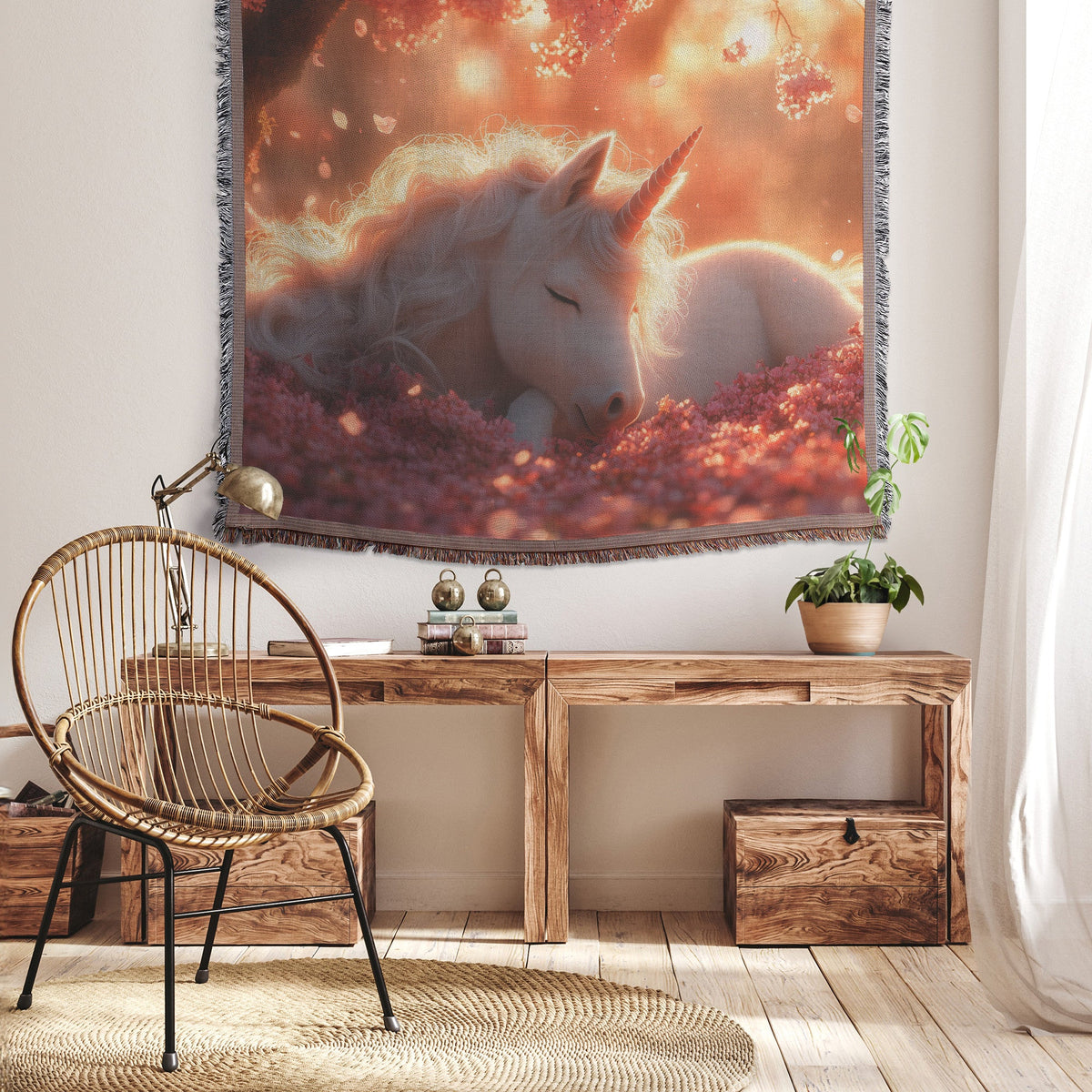 Baby Unicorn Resting Under Glowing Cherry Blossom Tree with Soft Pink Petals and Golden Sunlight Woven Throw Blanket - Awakening Righteousness