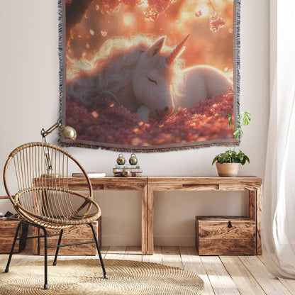 Baby Unicorn Resting Under Glowing Cherry Blossom Tree with Soft Pink Petals and Golden Sunlight Woven Throw Blanket - Awakening Righteousness
