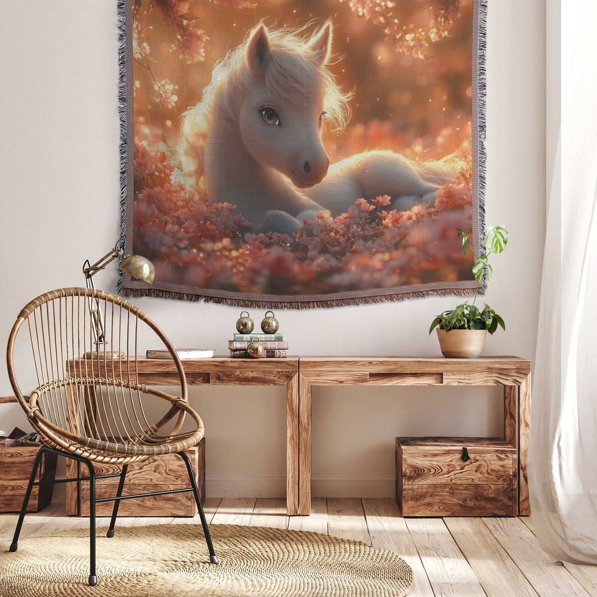 Baby Unicorn Resting Under Glowing Cherry Blossom Tree with Soft Pink Petals and Golden Sunlight Woven Throw Blanket - Awakening Righteousness