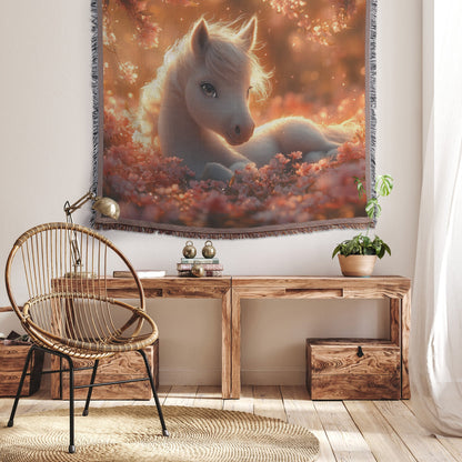 Baby Unicorn Resting Under Glowing Cherry Blossom Tree with Soft Pink Petals and Golden Sunlight Woven Throw Blanket - Awakening Righteousness