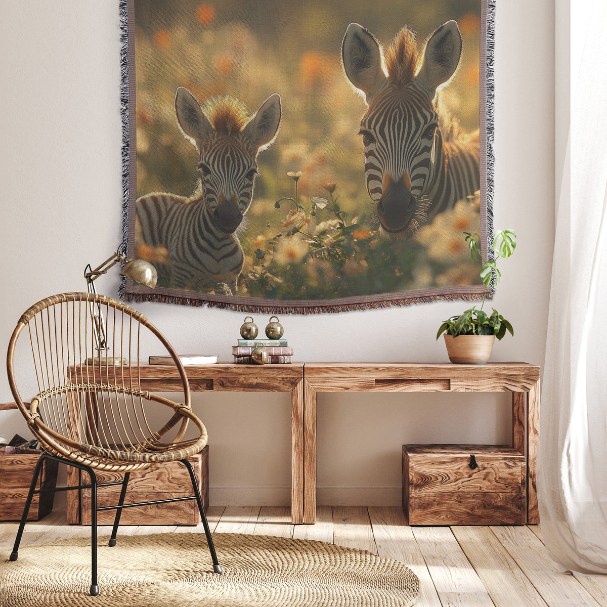 Baby Zebra with Mother in Lush Green Field Surrounded by Blooming Flowers and Soft Sunlight Woven Throw Blanket - Awakening Righteousness