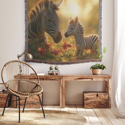 Baby Zebra with Mother in Lush Green Field Surrounded by Blooming Flowers and Soft Sunlight Woven Throw Blanket - Awakening Righteousness