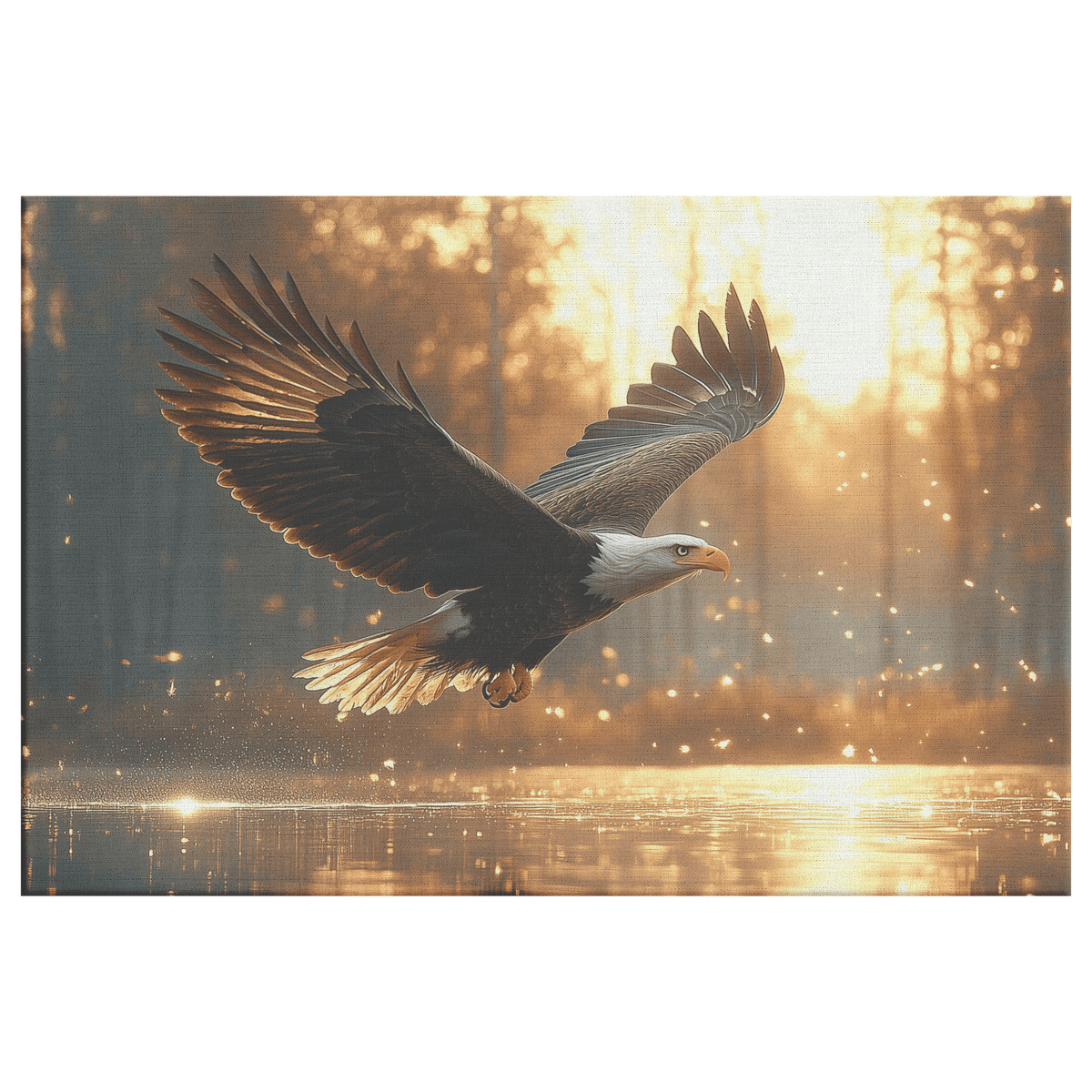 Bald Eagle Hunting Over Glowing Crystal Lake With Dense Mist And Twilight Light Canvas Wall Art Decor - Awakening Righteousness