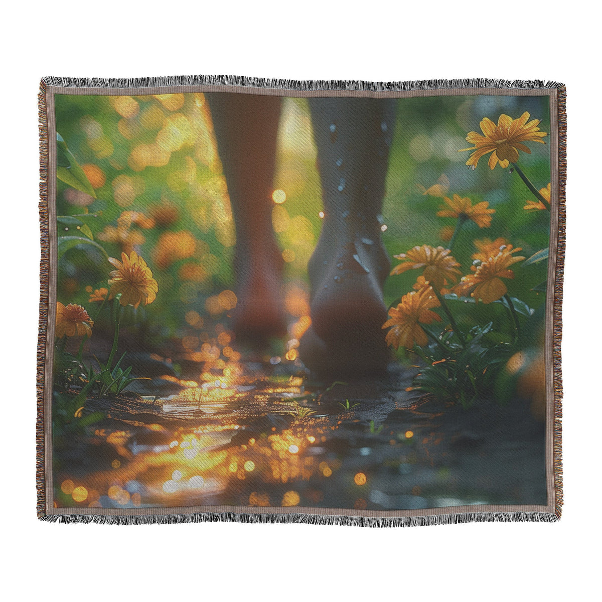 Barefoot Walking Through Bright Yellow Flowers with Morning Dew for Woven Throw Blanket - Awakening Righteousness
