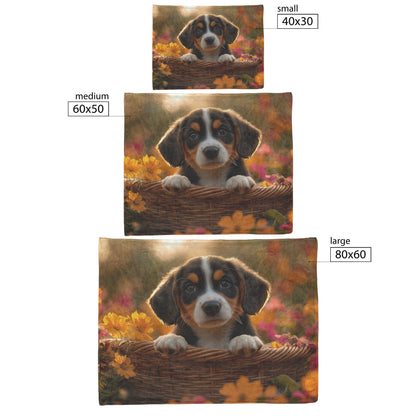 Basset Hound Puppy Sitting in Basket Surrounded by Glowing Flowers and Soft Morning Sunlight Fleece Blanket - Awakening Righteousness