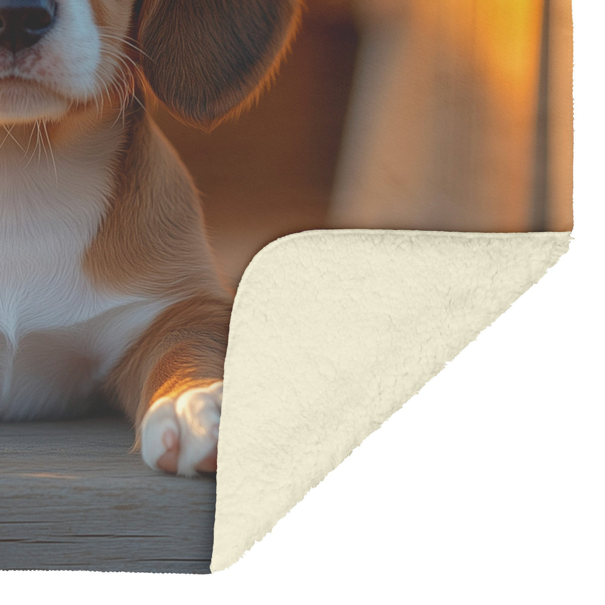 Basset Hound Puppy with Big Blue Eyes Sitting on Porch During Golden Sunrise Fleece Sherpa Blanket - Awakening Righteousness