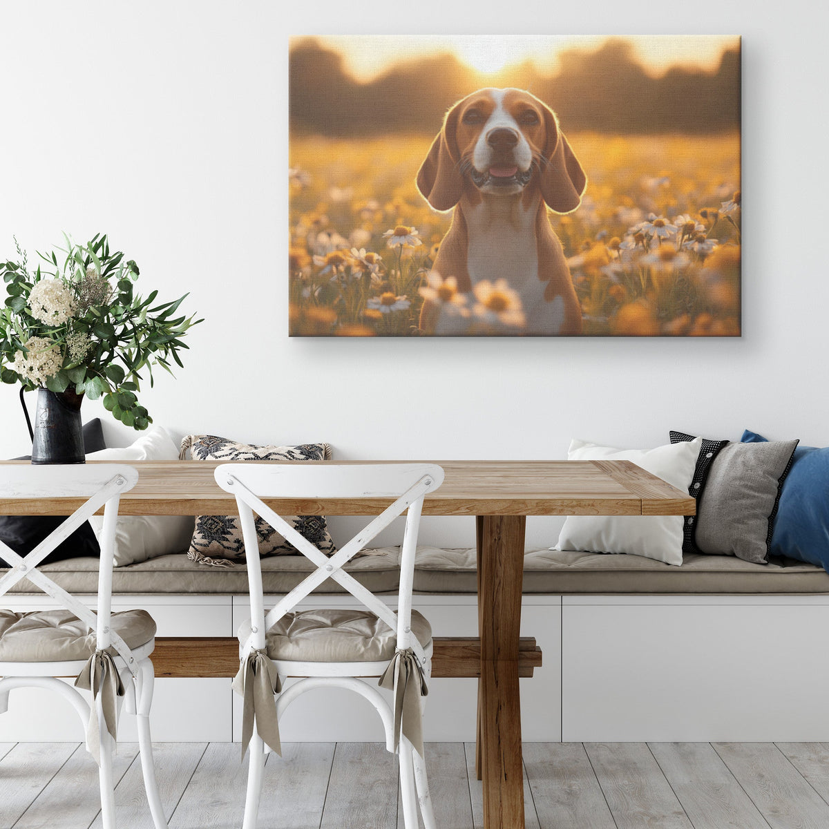 Basset Hound Sitting in Blooming Meadow Canvas Wall Art Decor with Golden Sunlight Illuminating Floppy Ears and Wrinkled Face - Awakening Righteousness