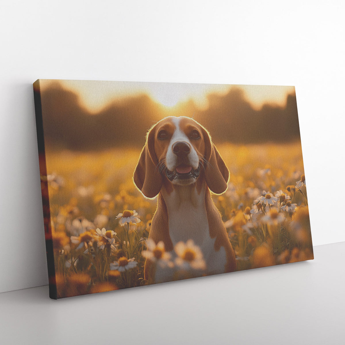 Basset Hound Sitting in Blooming Meadow Canvas Wall Art Decor with Golden Sunlight Illuminating Floppy Ears and Wrinkled Face - Awakening Righteousness