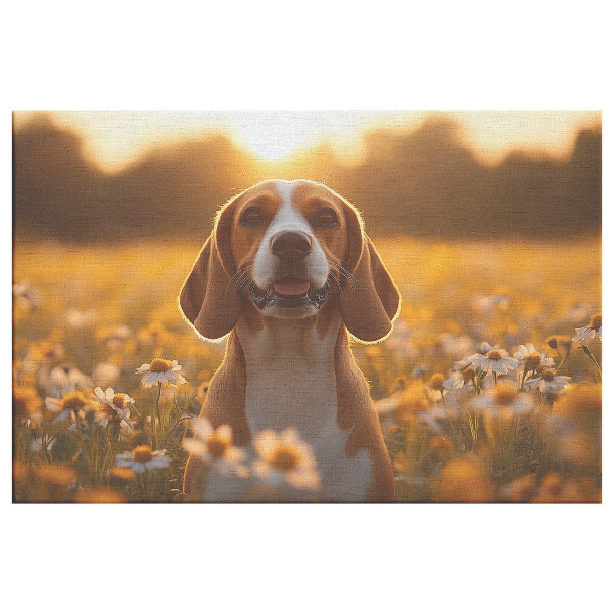 Basset Hound Sitting in Blooming Meadow Canvas Wall Art Decor with Golden Sunlight Illuminating Floppy Ears and Wrinkled Face - Awakening Righteousness