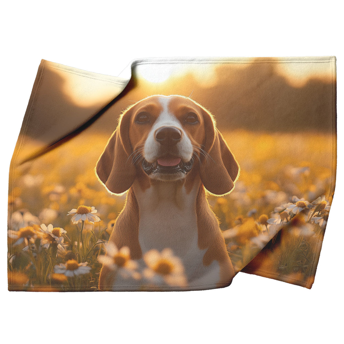 Basset Hound Sitting in Blooming Meadow with Golden Sunlight on Floppy Ears Fleece Sherpa Blanket - Awakening Righteousness