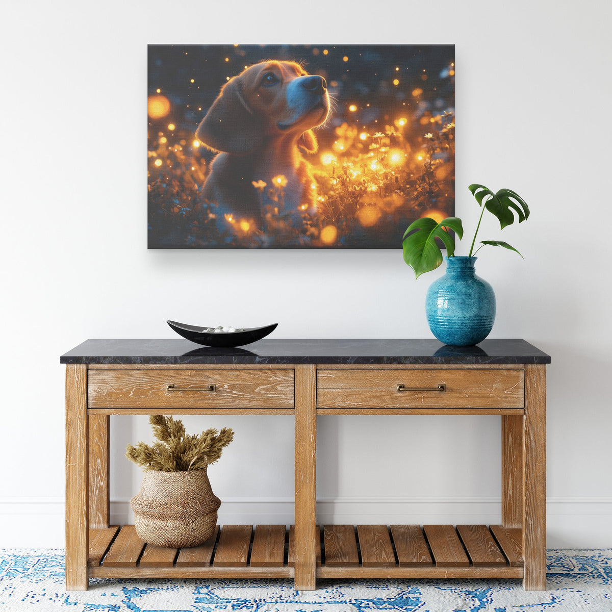 Basset Hound Sitting in Magical Glowing Forest Canvas Wall Art Decor Surrounded by Fireflies and Ethereal Light - Awakening Righteousness