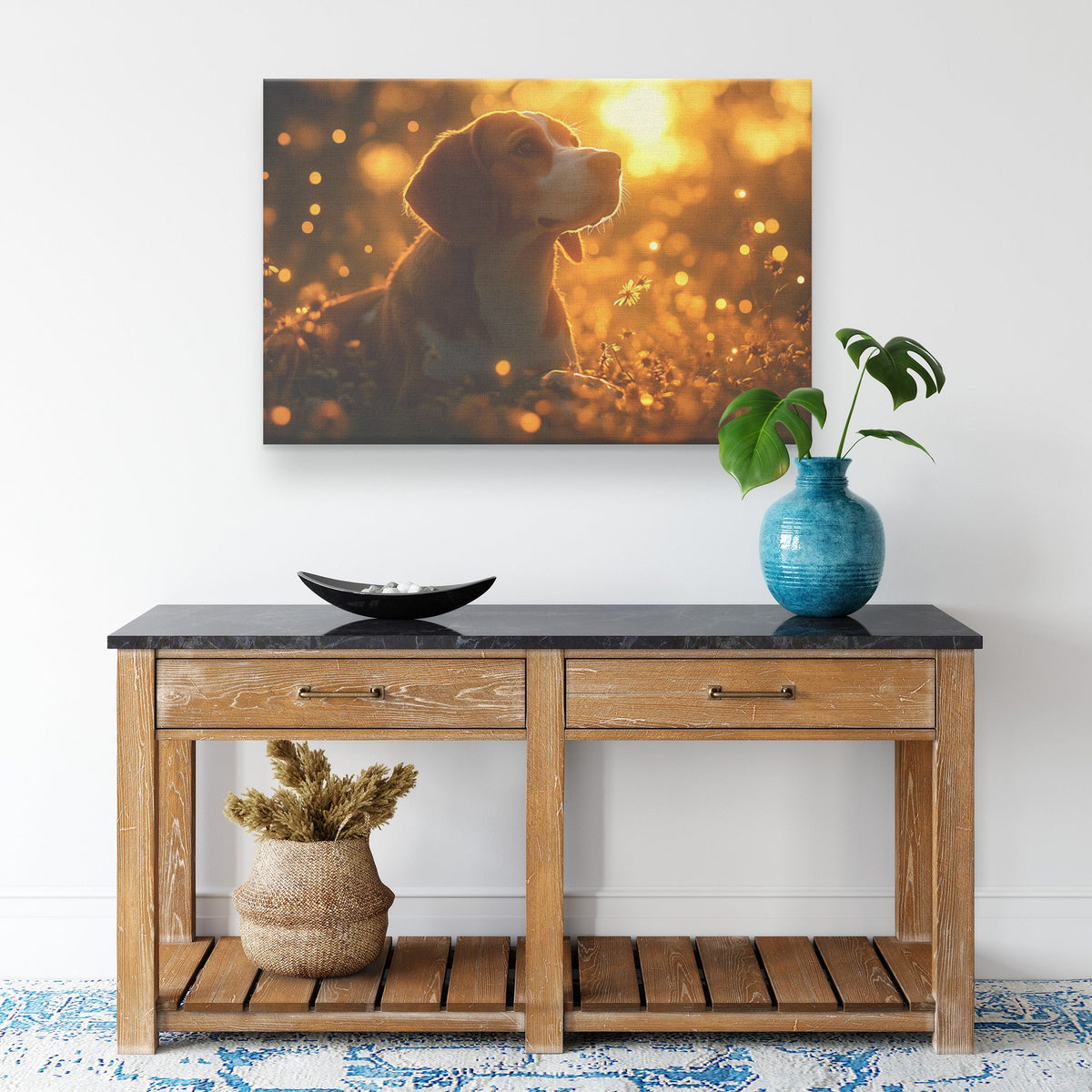 Basset Hound Sitting in Magical Glowing Forest Canvas Wall Art Decor Surrounded by Fireflies and Ethereal Light - Awakening Righteousness