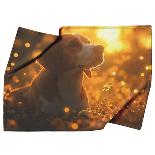 Basset Hound Sitting in Magical Glowing Forest Surrounded by Fireflies and Soft Ethereal Light Fleece Blanket - Awakening Righteousness