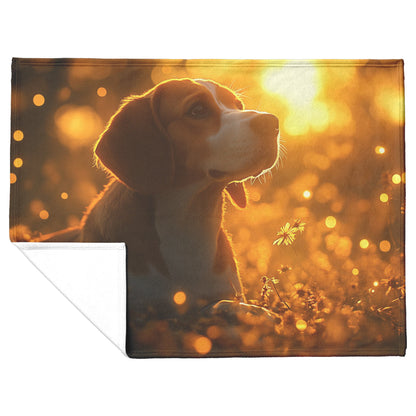 Basset Hound Sitting in Magical Glowing Forest Surrounded by Fireflies and Soft Ethereal Light Fleece Blanket - Awakening Righteousness