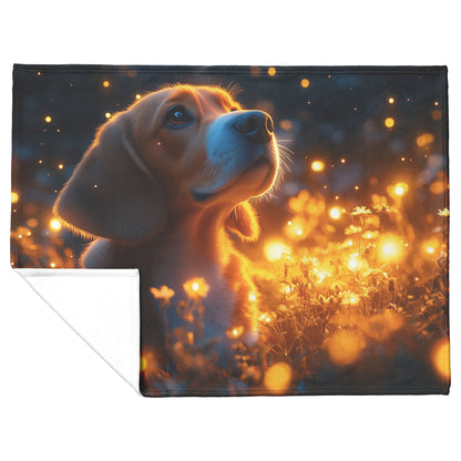 Basset Hound Sitting in Magical Glowing Forest Surrounded by Fireflies and Soft Ethereal Light Fleece Blanket - Awakening Righteousness