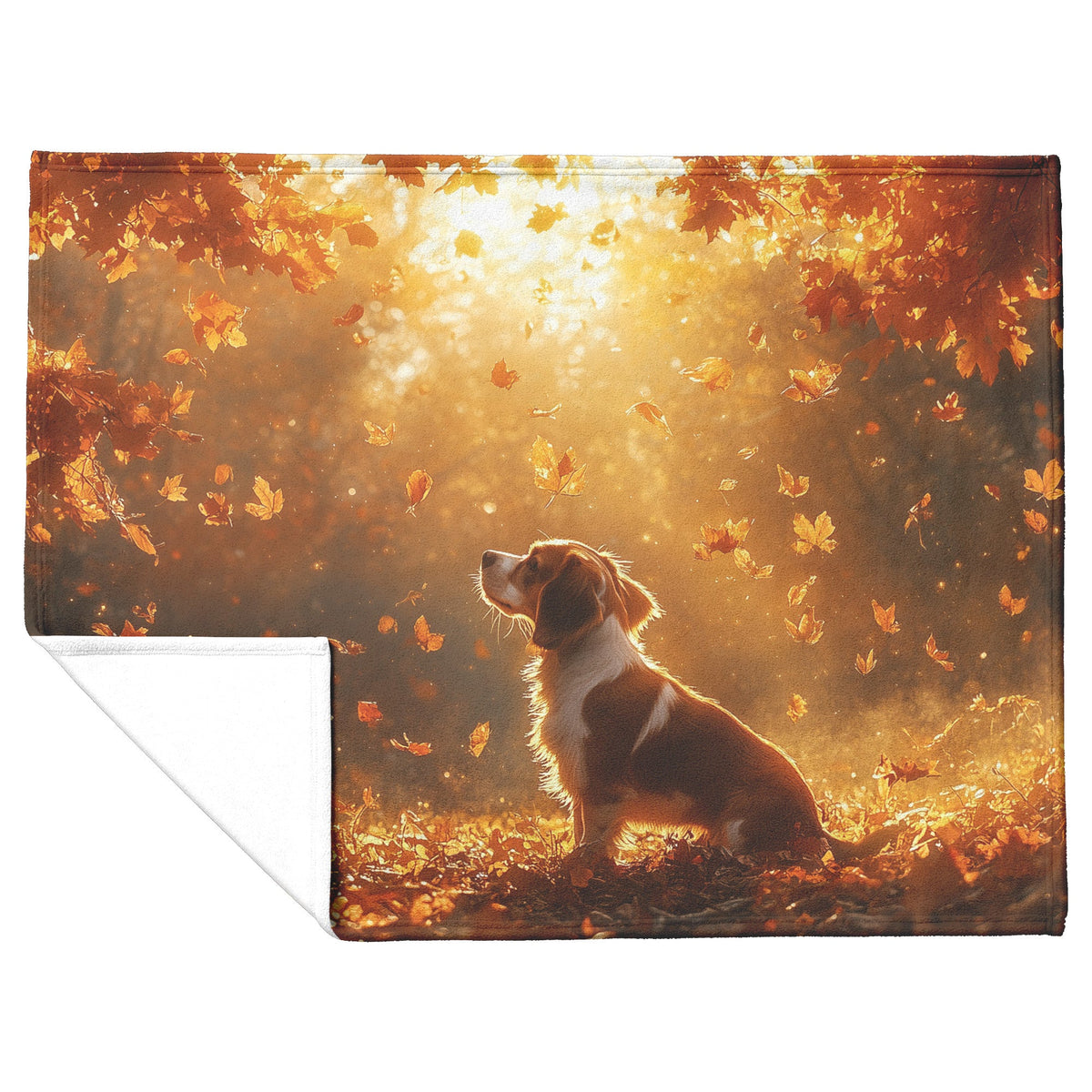 Beagle Exploring Golden Autumn Forest with Fallen Leaves and Glowing Light Filtering Through Trees Blanket - Awakening Righteousness