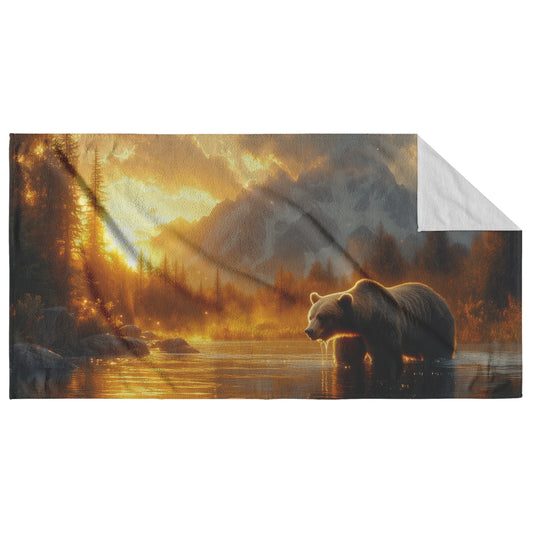 Bear Fishing Beach Towel with Glowing River Sparkling Water Sunlight Majestic Mountain Background Wildlife Design - Awakening Righteousness