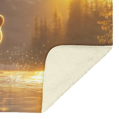 Bear Fishing in Glowing River with Sparkling Water Droplets and Majestic Mountains Fleece Sherpa Blanket - Awakening Righteousness