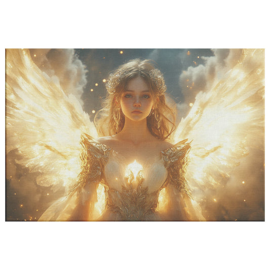 Beautiful Angel Girl with Golden Hair and Wings in White Dress Made of Light  Radiating Aura and Golden Glow  Heavenly Christian Canvas Art with Shining Clouds for Spiritual Home Decor - Awakening Righteousness