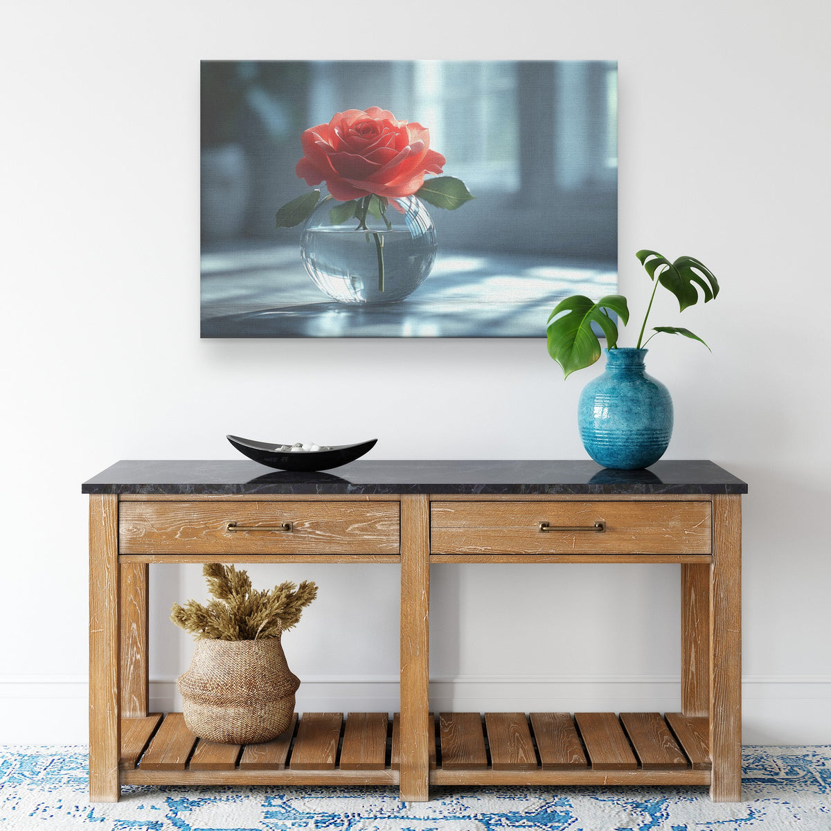 Beautiful Red Rose in Elegant Glass Vase with Sunlight Canvas Wall Art Decor - Awakening Righteousness