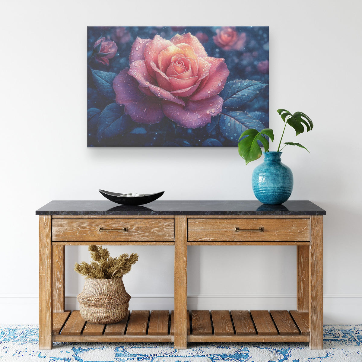 Beautiful Rose with Dew Drops Surrounded by Dark Green Leaves Canvas Wall Art Decor - Awakening Righteousness