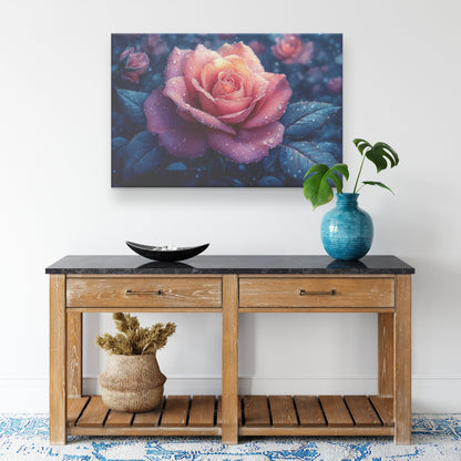 Beautiful Rose with Dew Drops Surrounded by Dark Green Leaves Canvas Wall Art Decor - Awakening Righteousness