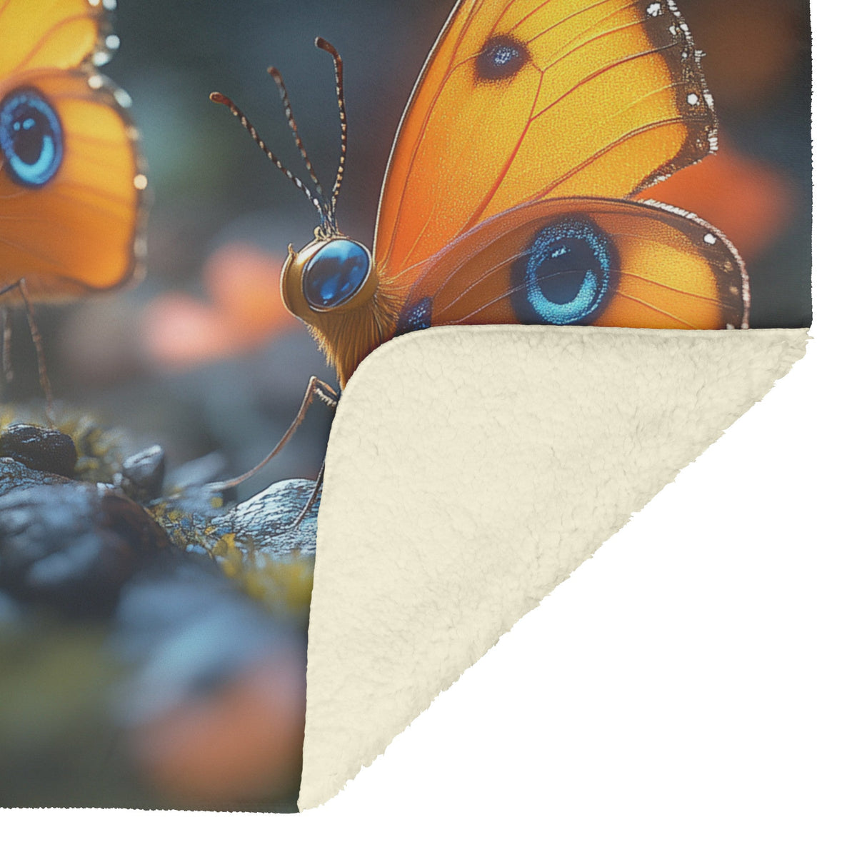 Beautiful Vibrant Orange Butterflies on Mossy Rocks with Blue Eye Patterns Cozy Fleece Sherpa Blanket - Awakening Righteousness