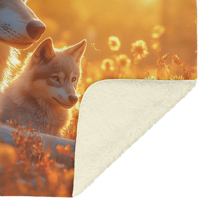 Beautiful Wolf Family Resting in Peaceful Meadow Under Golden Afternoon Light Cozy Sherpa Blanket - Awakening Righteousness