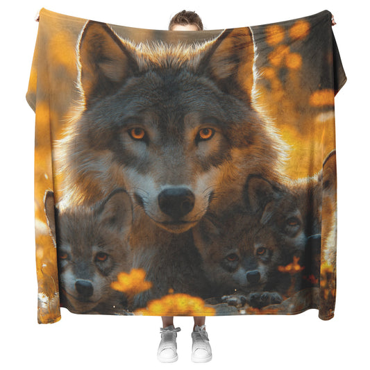 Beautiful Wolf Family Resting in Peaceful Meadow Under Golden Afternoon Light Cozy Sherpa Blanket - Awakening Righteousness
