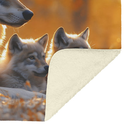Beautiful Wolf Family Resting in Peaceful Meadow Under Golden Afternoon Light Cozy Sherpa Blanket - Awakening Righteousness