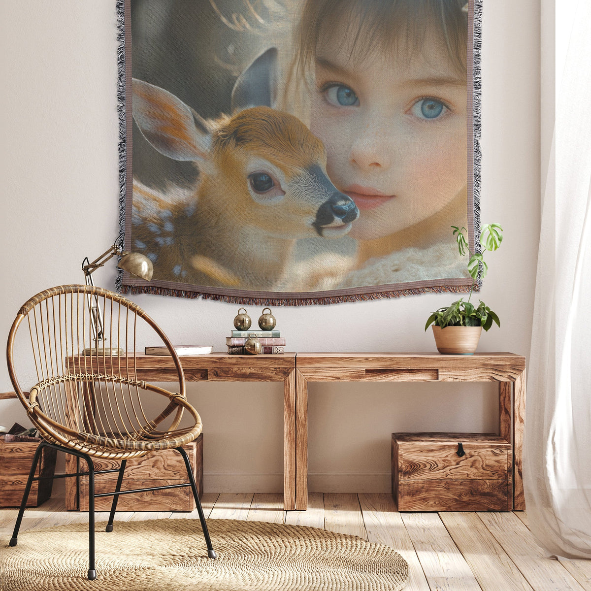 Beautiful Young Girl Holding Baby Deer Woven Throw Blanket - Awakening Righteousness