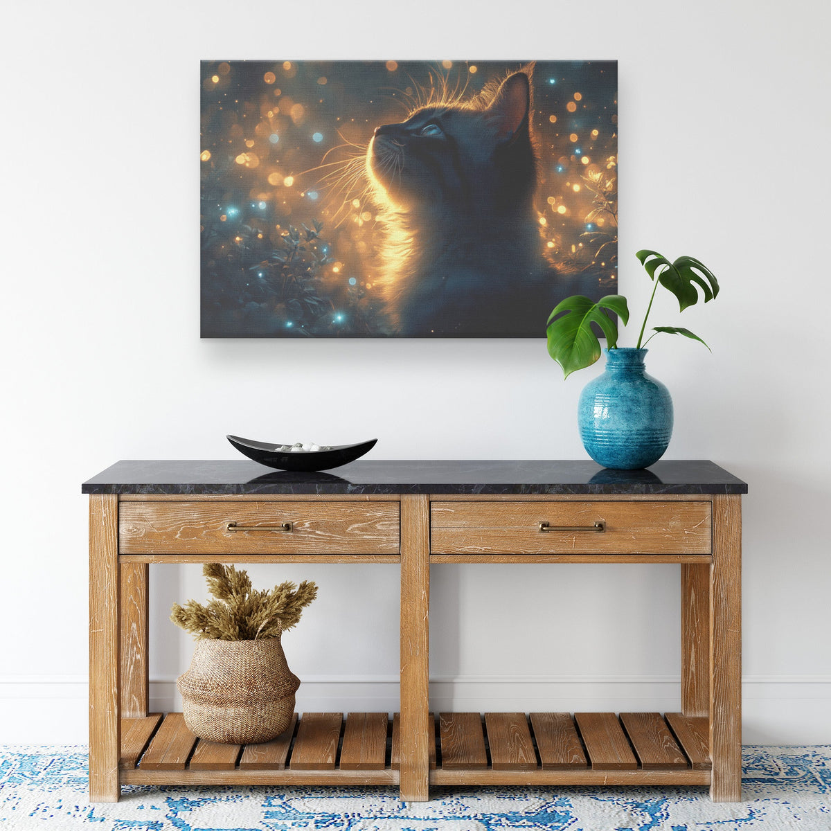 Black and White Tuxedo Cat Canvas Wall Art Decor in a Glowing Magical Forest Surrounded by Blue Fireflies and Ethereal Light - Awakening Righteousness
