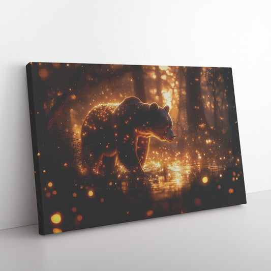 Black Bear in Glowing Bioluminescent Forest at Twilight Shimmering Plants Fireflies Canvas Wall Art Decor For Home - Awakening Righteousness