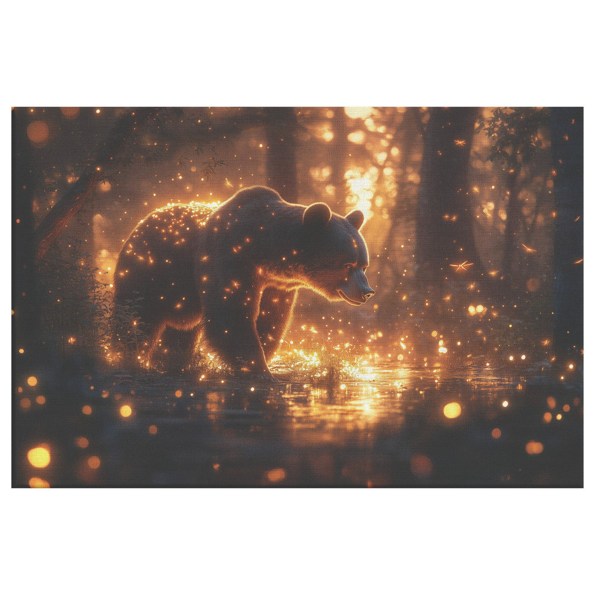 Black Bear in Glowing Bioluminescent Forest at Twilight Shimmering Plants Fireflies Canvas Wall Art Decor For Home - Awakening Righteousness