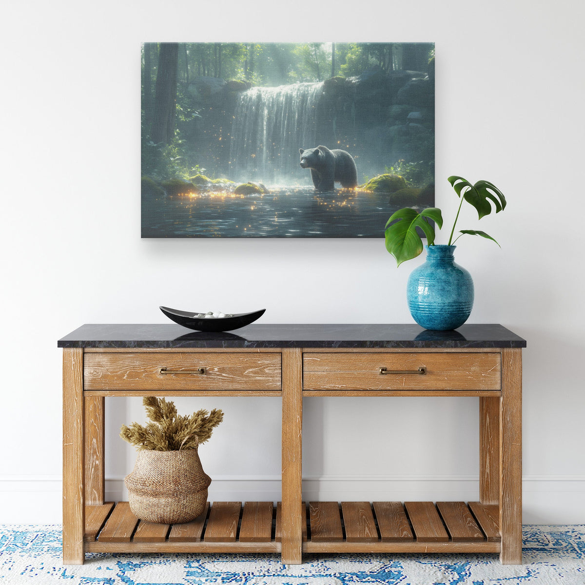 Black Bear Near Glowing Waterfall Moss Rocks Ethereal Mist Peaceful Woodland Canvas Wall Art Decor For Serene Home - Awakening Righteousness