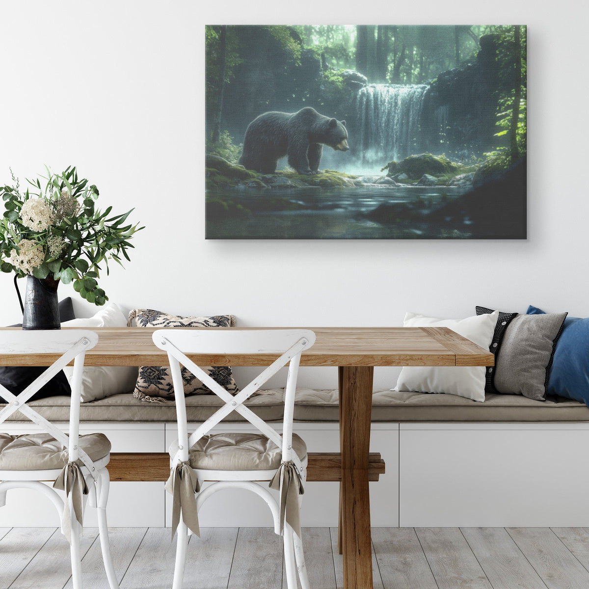 Black Bear Near Glowing Waterfall Moss Rocks Ethereal Mist Peaceful Woodland Canvas Wall Art Decor For Serene Home - Awakening Righteousness