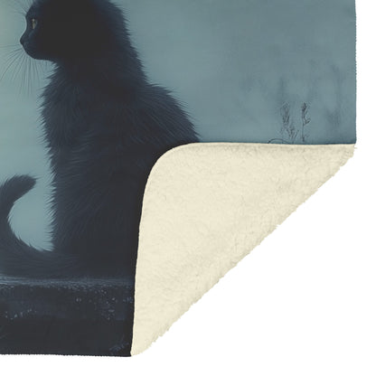 Black Cat Sitting Under Glowing Full Moon on Misty Rooftop Magical Night Atmosphere Fleece Sherpa Blanket - Awakening Righteousness