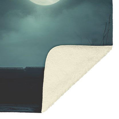 Black Cat Sitting Under Glowing Full Moon on Misty Rooftop Magical Night Atmosphere Fleece Sherpa Blanket - Awakening Righteousness