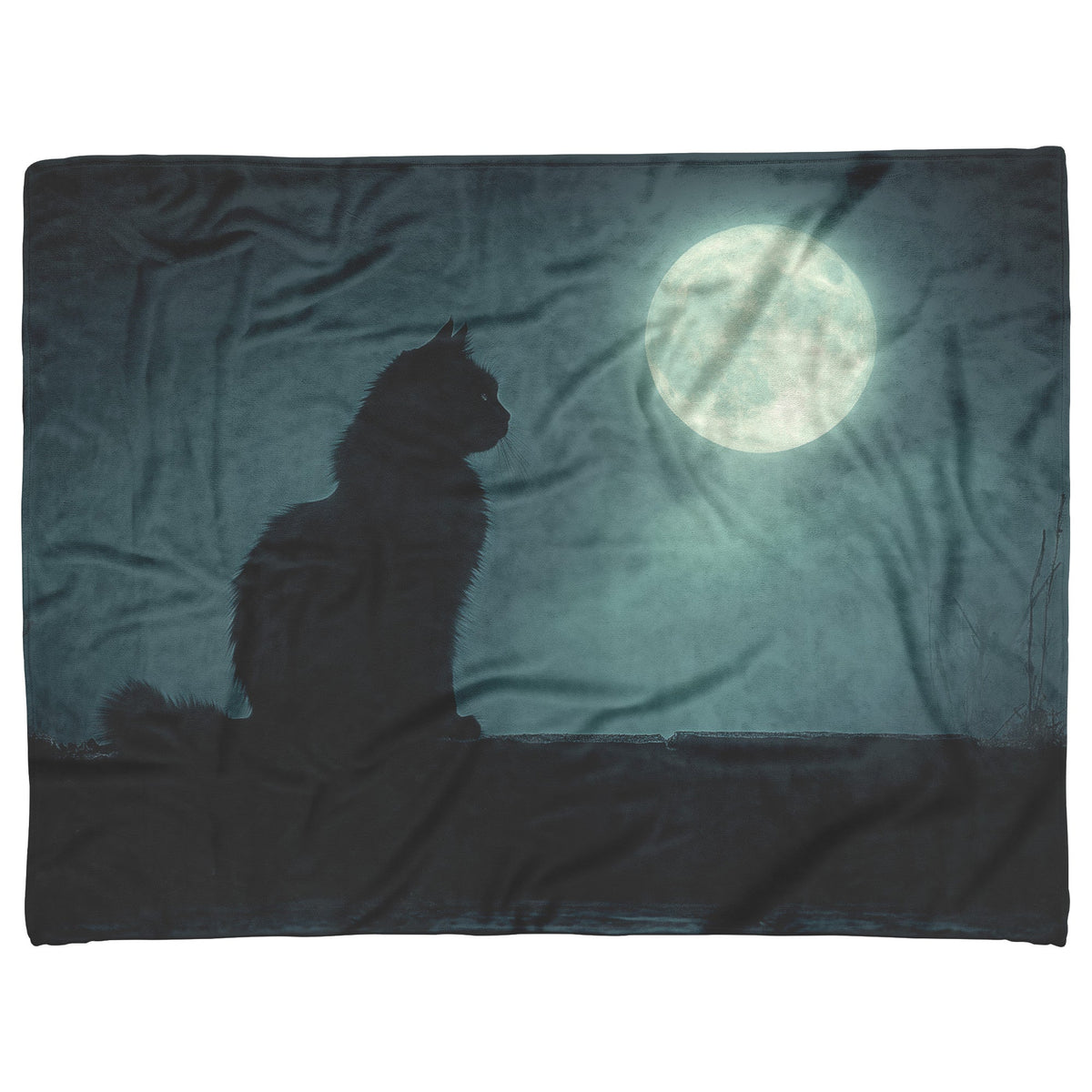Black Cat Sitting Under Glowing Full Moon on Misty Rooftop Magical Night Atmosphere Fleece Sherpa Blanket - Awakening Righteousness