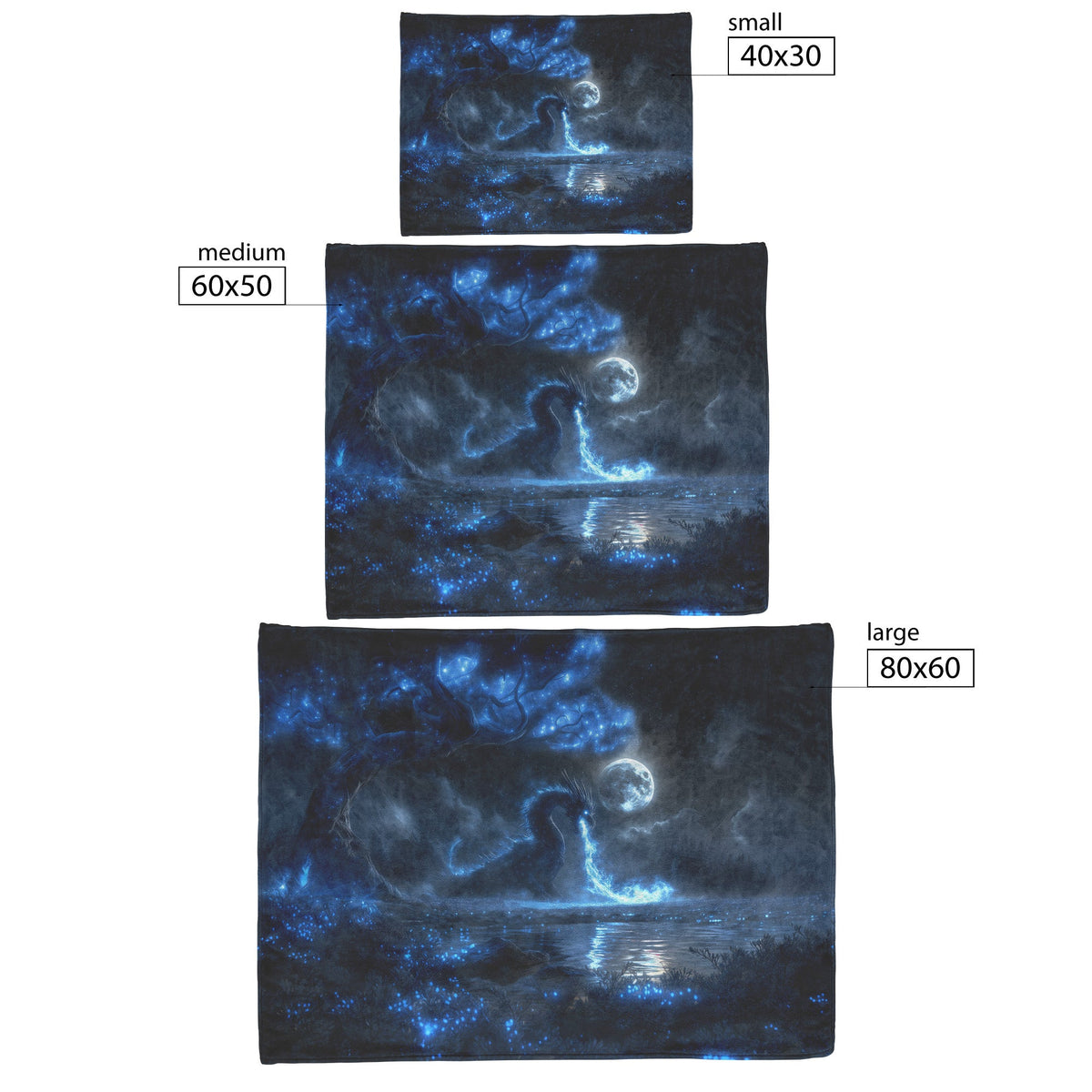 Black Dragon Breathing Blue Fire in a Glowing Bioluminescent Forest Under a Massive Full Moon Fleece Sherpa Blanket - Awakening Righteousness