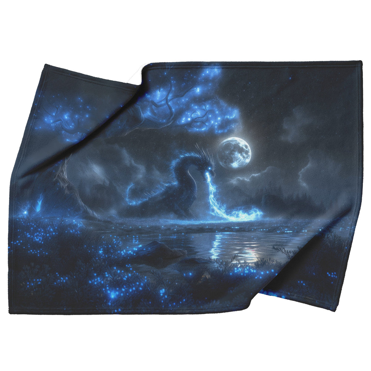 Black Dragon Breathing Blue Fire in a Glowing Bioluminescent Forest Under a Massive Full Moon Fleece Sherpa Blanket - Awakening Righteousness
