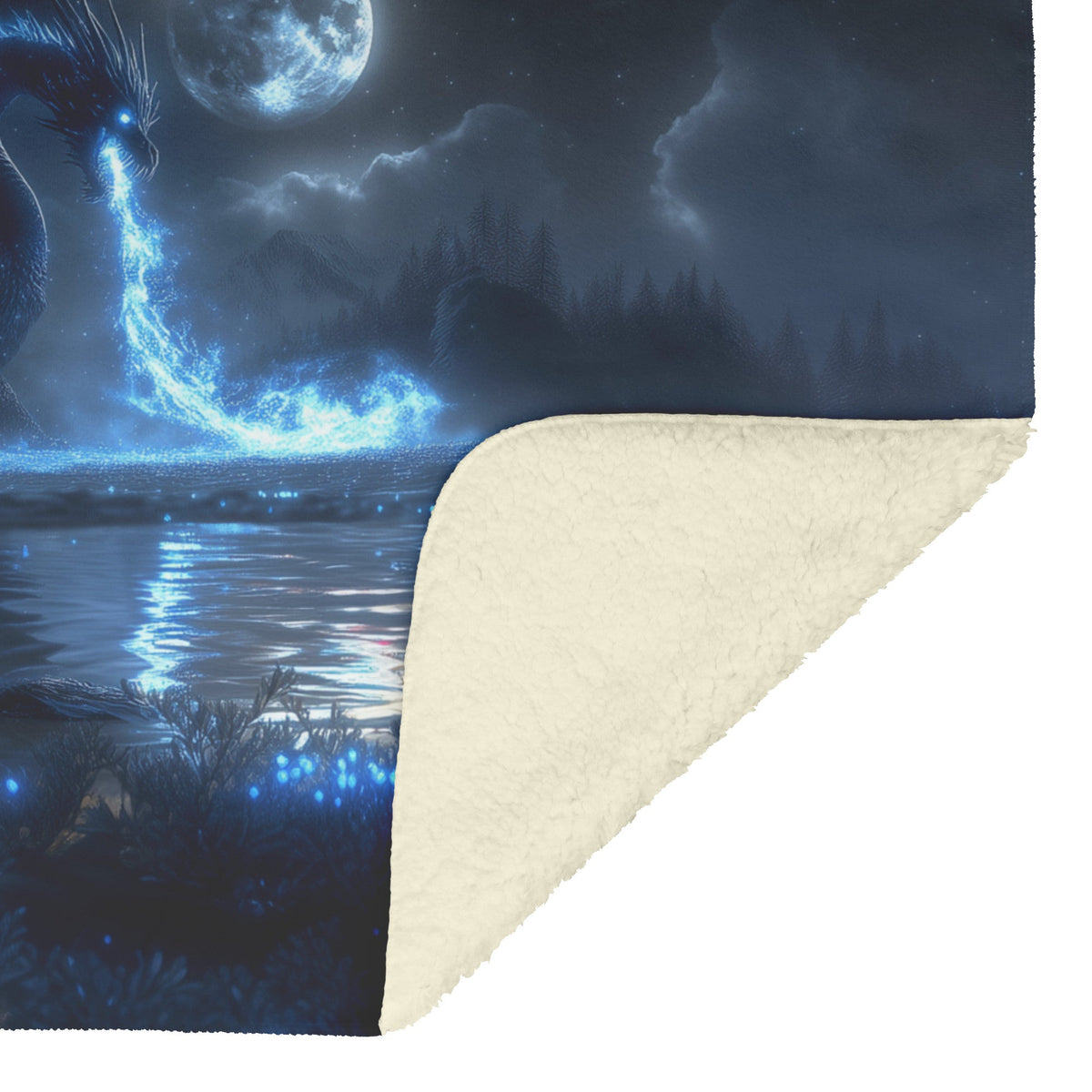 Black Dragon Breathing Blue Fire in a Glowing Bioluminescent Forest Under a Massive Full Moon Fleece Sherpa Blanket - Awakening Righteousness