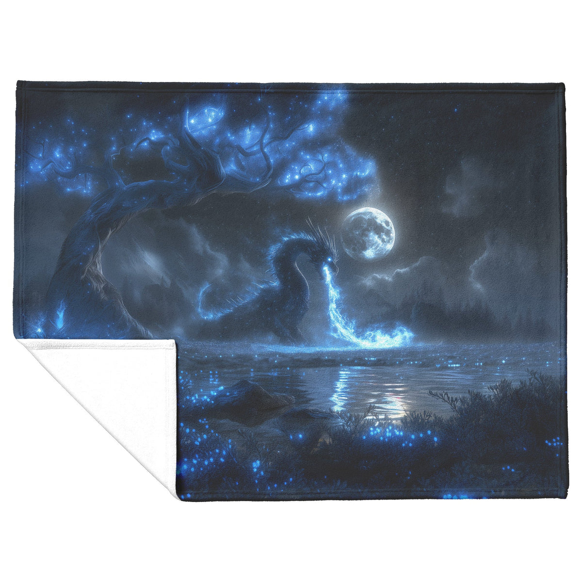Black Dragon Breathing Blue Fire in a Glowing Bioluminescent Forest Under a Massive Full Moon Fleece Sherpa Blanket - Awakening Righteousness