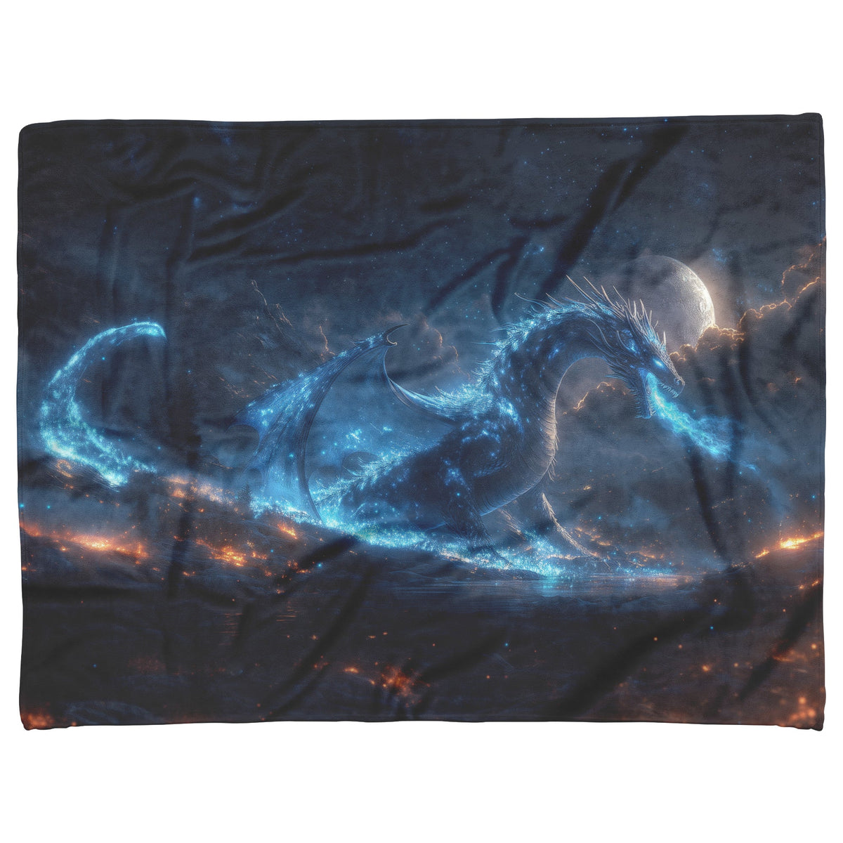 Black Dragon Breathing Blue Fire in Glowing Bioluminescent Forest Under Massive Full Moon Fleece Sherpa Blanket - Awakening Righteousness