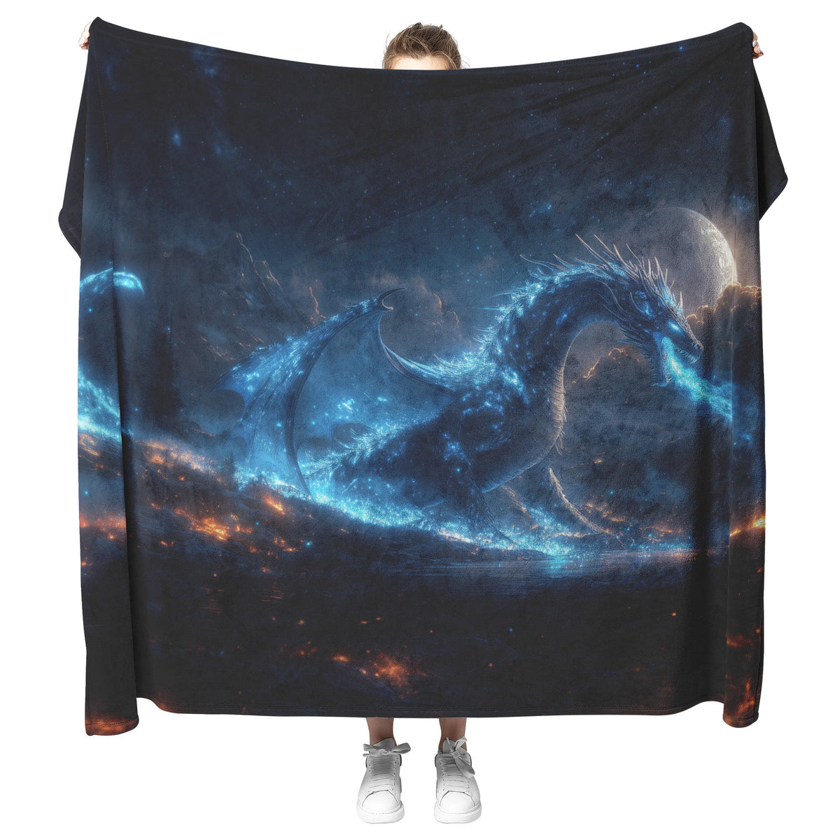 Black Dragon Breathing Blue Fire in Glowing Bioluminescent Forest Under Massive Full Moon Fleece Sherpa Blanket - Awakening Righteousness