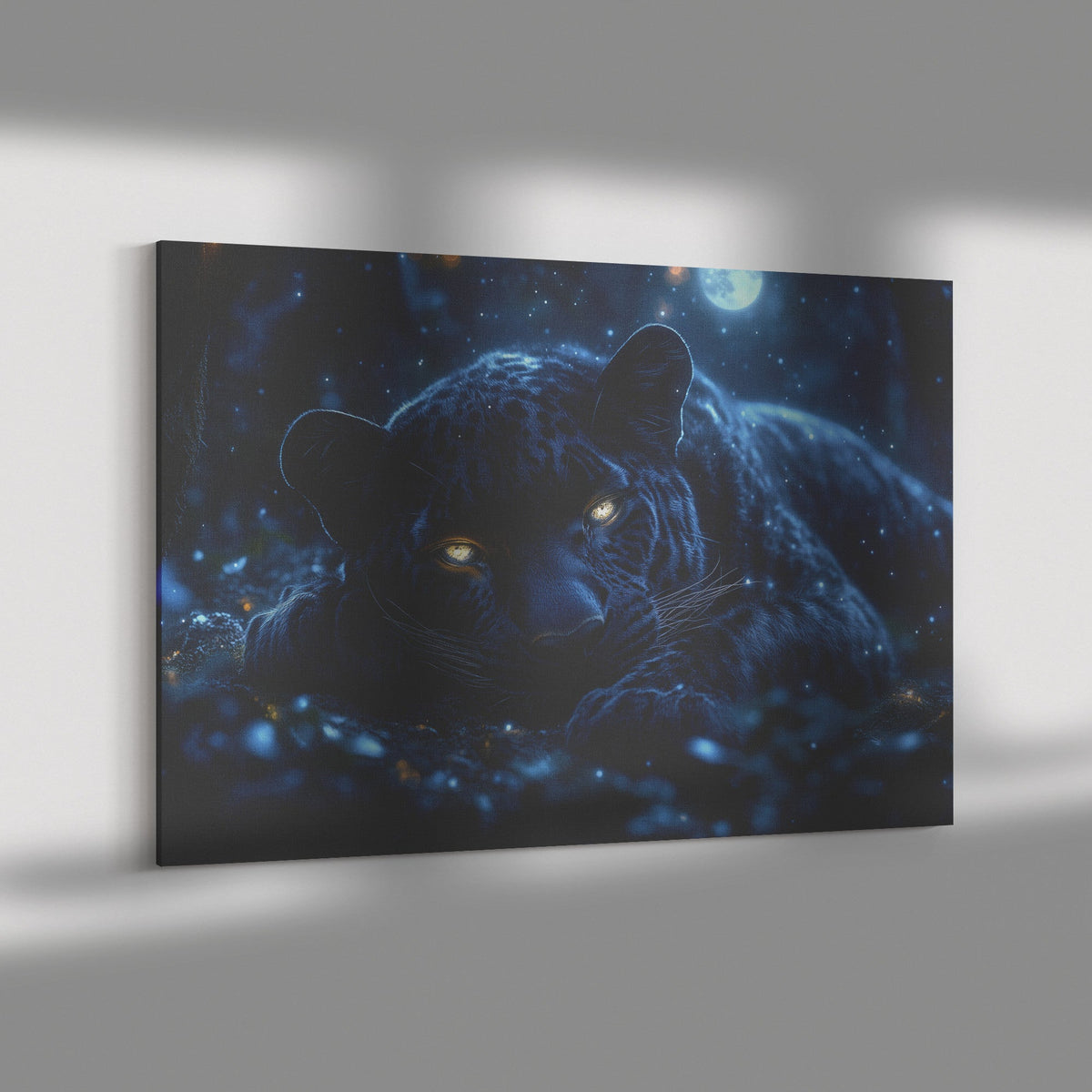 Black Leopard Resting Under Glowing Moonlight Canvas Wall Art Decor in Magical Forest with Silver Light on Sleek Fur - Awakening Righteousness