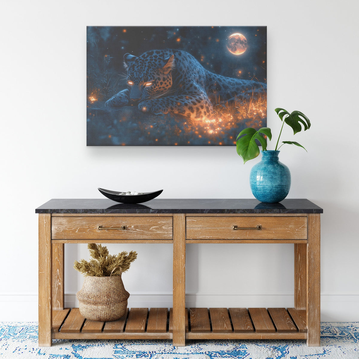 Black Leopard Resting Under Glowing Moonlight Canvas Wall Art Decor in Magical Forest with Silver Light on Sleek Fur - Awakening Righteousness